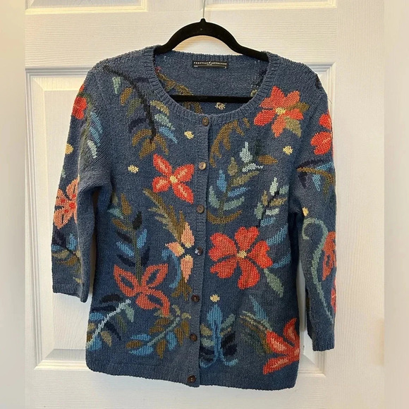 Women's Sweater Peruvian Connection Floral Art-to-Wear Pima Cotton Cardigan M - Picture 1 of 4